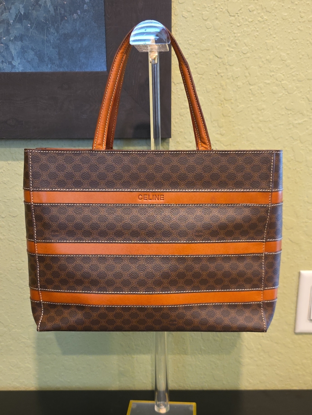 Celine Macadam Leather Tote with Orange-Tan Leather Stripes